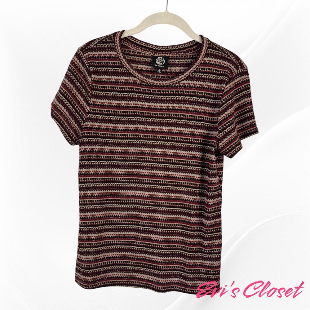 Bobeau Women's Knit Top Shirt Fitted Stretch Burgundy Striped Sz S.